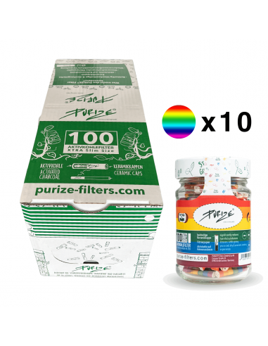 Filtry węglowe Purize XTRA Slim BOX 10 x 100 szt. RAINBOW