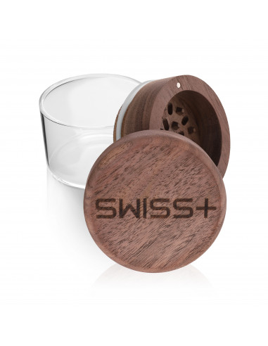 The SWISS+ wooden herb grinder with a glass chamber